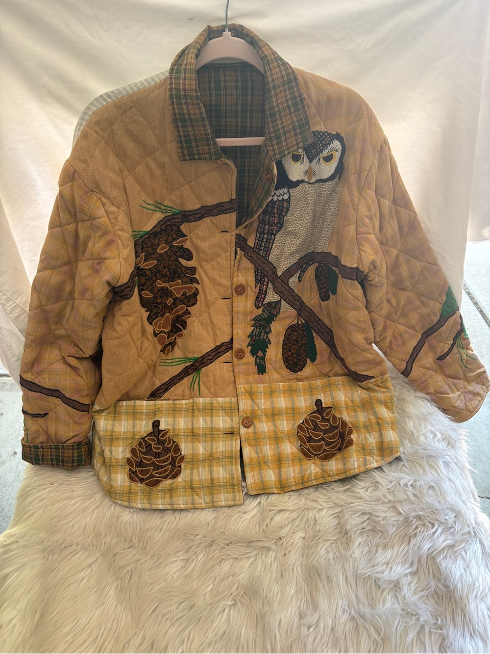 Patchwork Quilted Utility Jacket with Owl & Pinecone Motif - Yellow/Tan